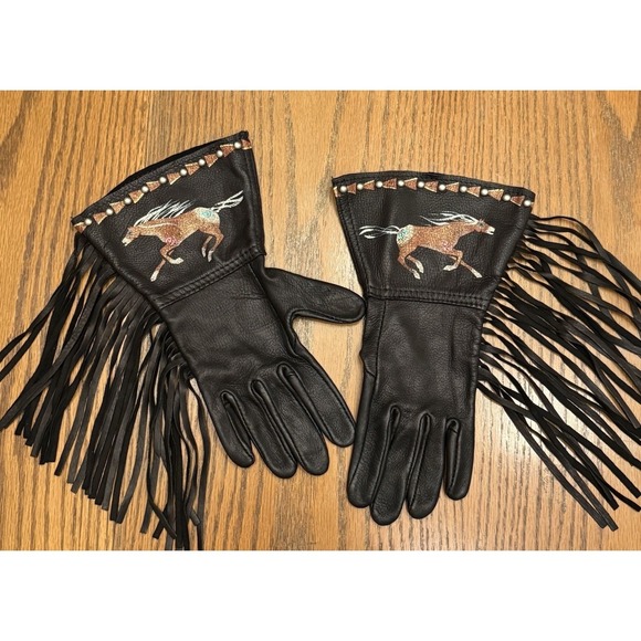 WOLF Jackets & Blazers - Patricia Wolf Black Leather Hand Painted Gloves Fringe Horses Beaded Cowgirl